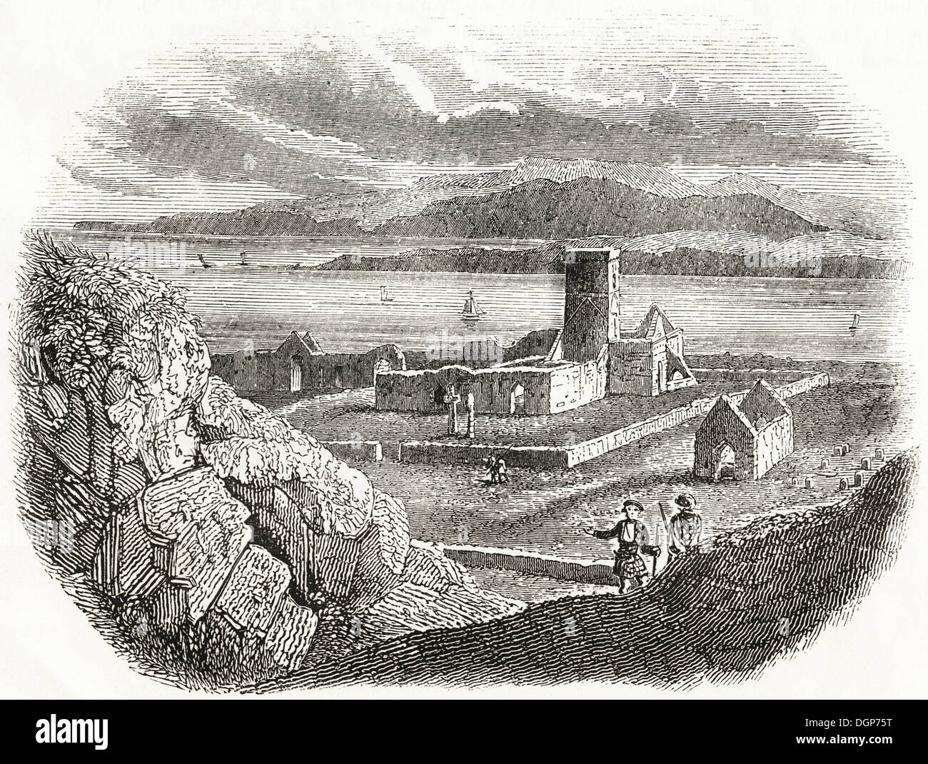 Anglo-sassone in Gran Bretagna. Rovine del monastero sull'Isola di Iona fondata da San Columba in 563. Silografia vittoriano circa 1845. Foto Stock