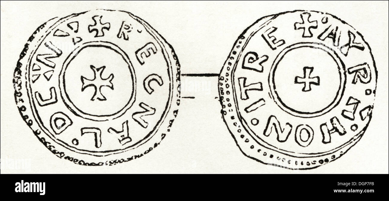 Anglo-sassone in Gran Bretagna. Argento Penny di Raegnald, re di Northumbria. Silografia vittoriano circa 1845. Foto Stock