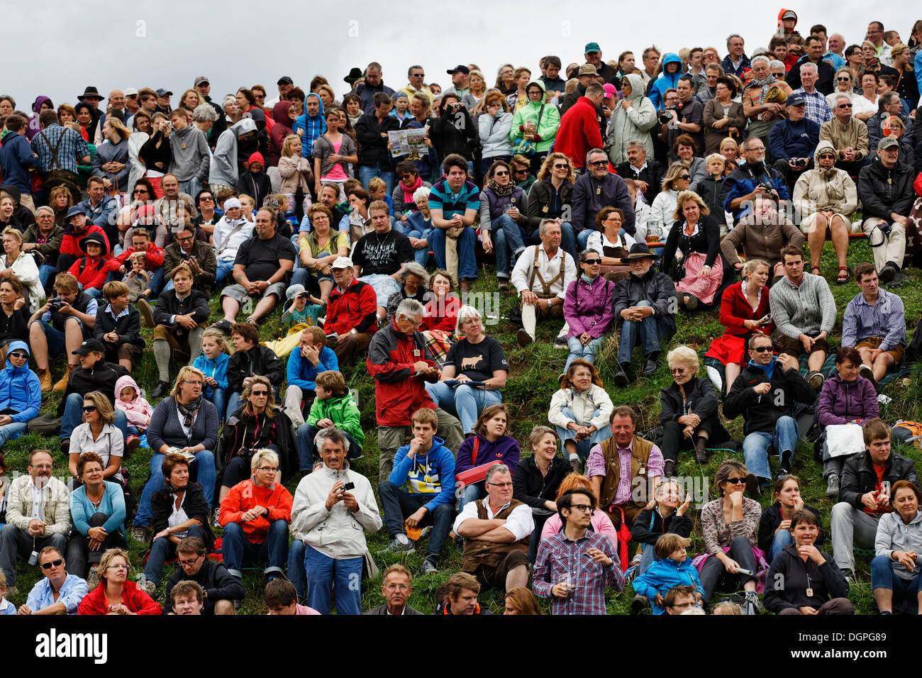 Gli spettatori presso il Muensinger Ochsenrennen ox gara, Muensing, regione Fünfseenland, Alta Baviera, Baviera Foto Stock