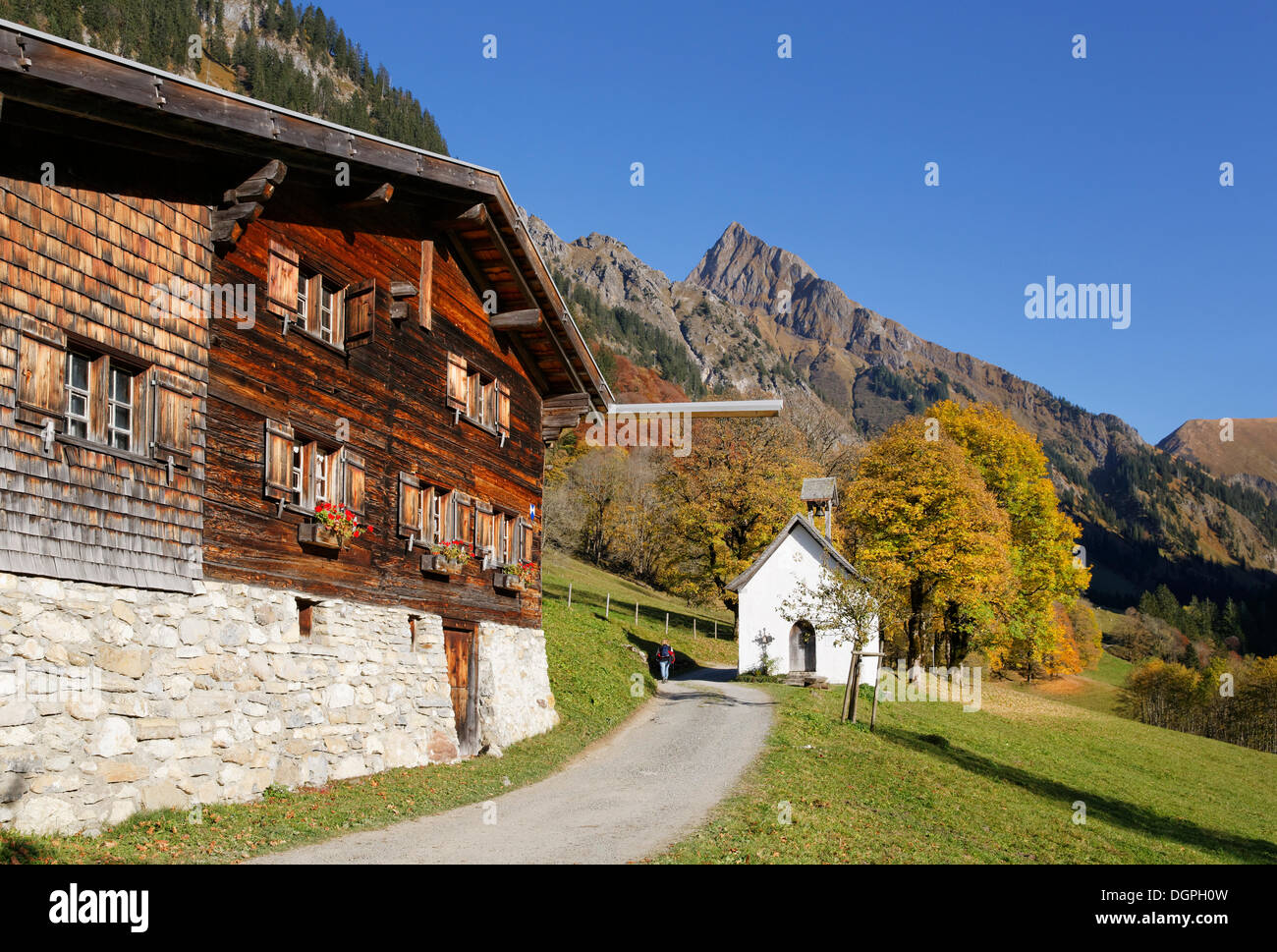 Gerstruben con Hoefats montagna, Allgaeu Alpi, Oberstdorf, Oberallgäu, Algovia, Svevia, Baviera, Germania Foto Stock