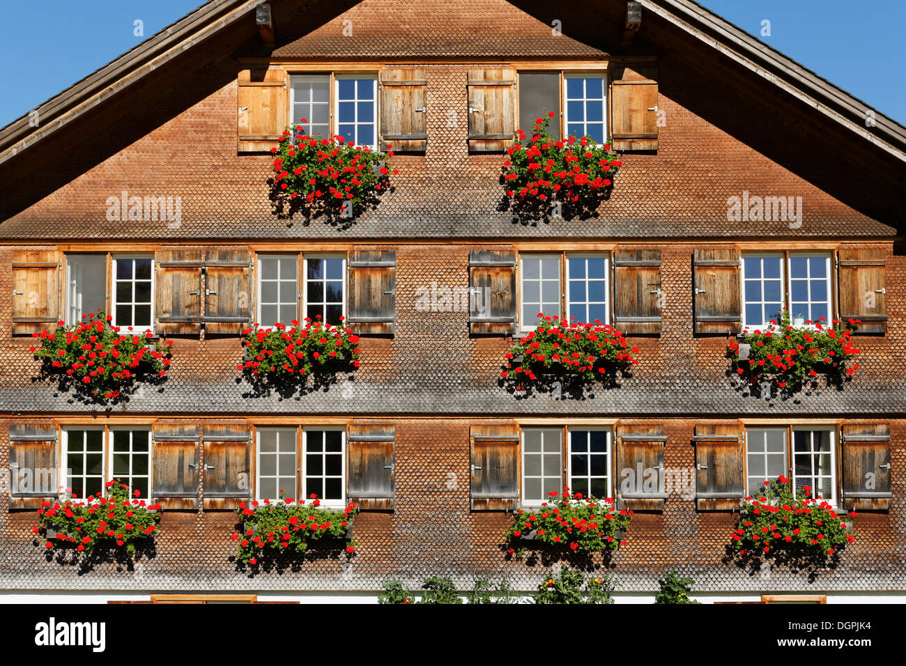 Bregenzerwald Casa con gerani gioielli, Baien, Reuthe, Bregenzerwald, Bregenzer Wald, Vorarlberg, Austria Foto Stock