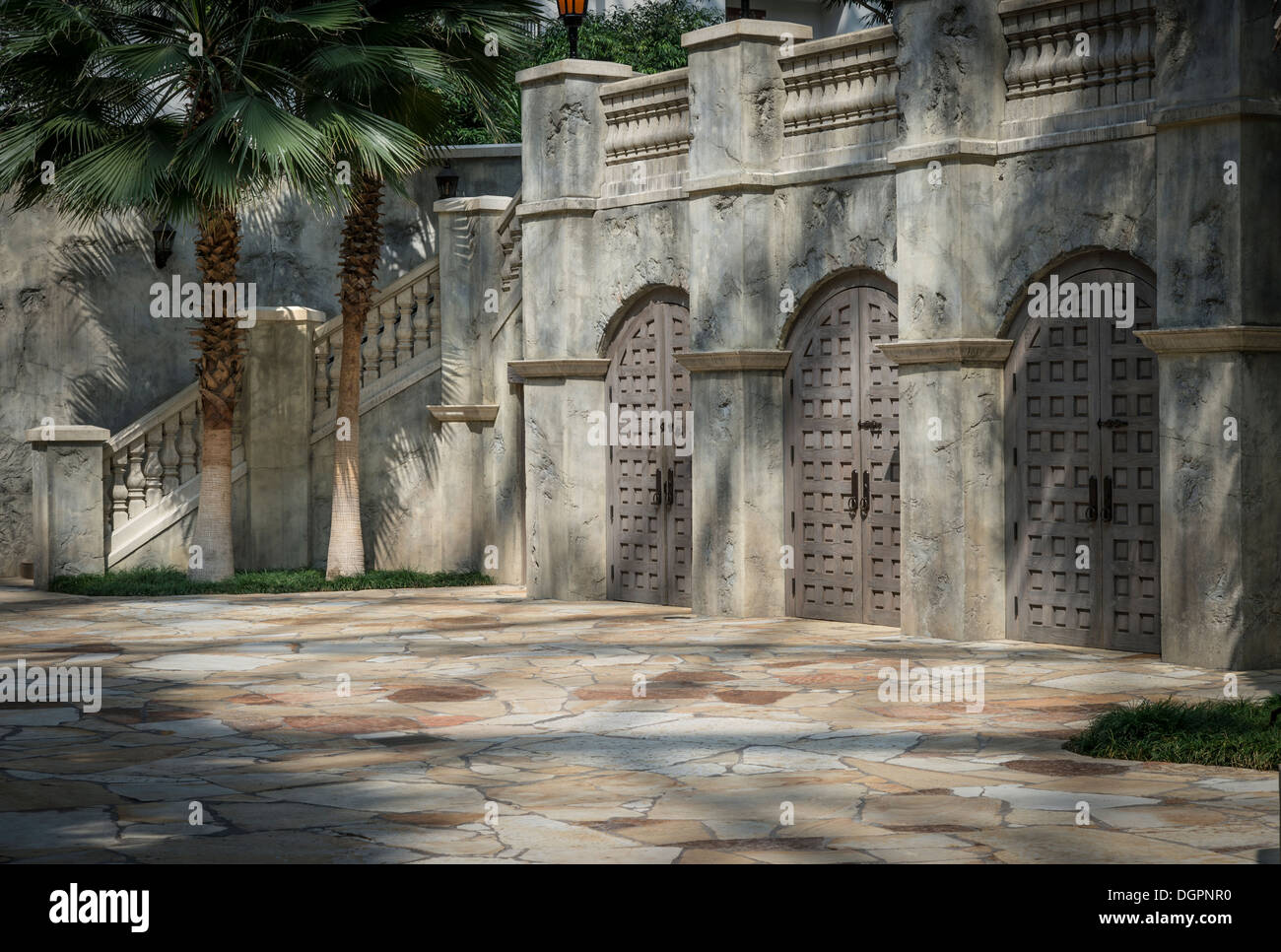 Porte e muro di pietra in stile mediterraneo cortile Foto Stock