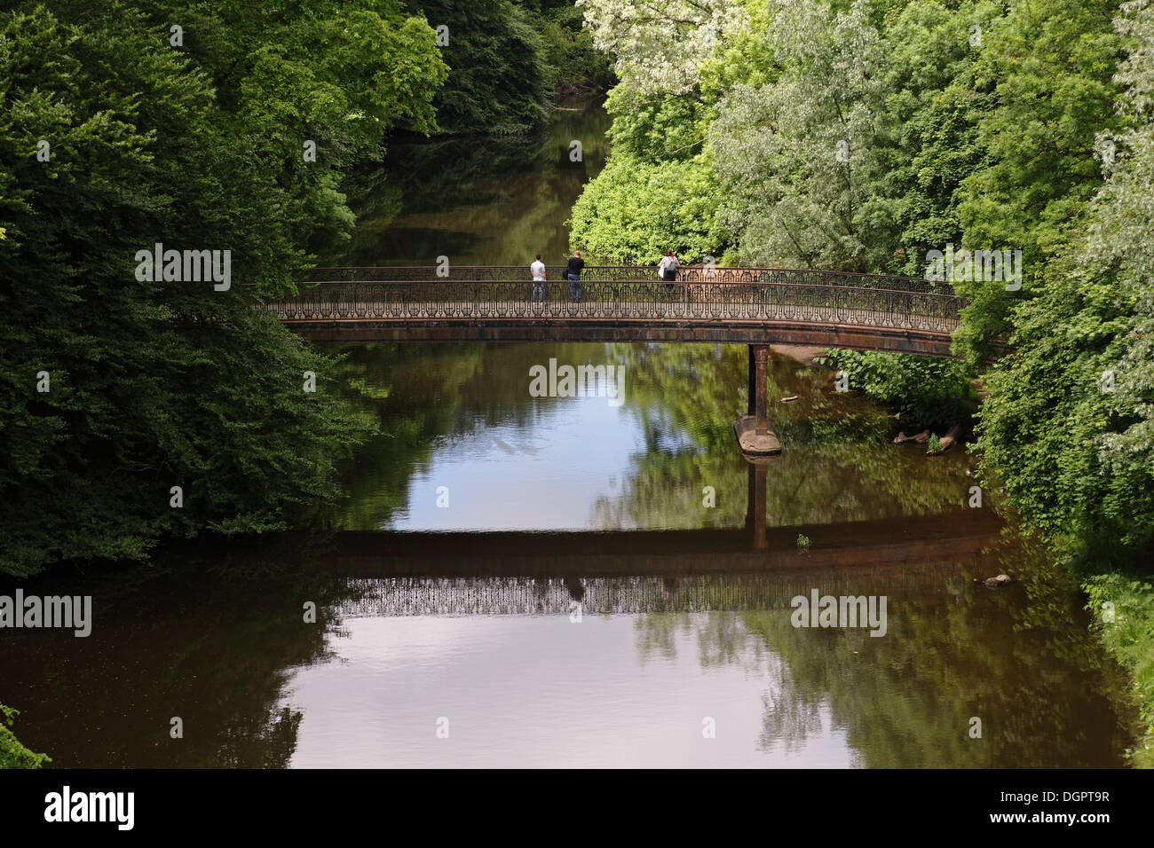 Glasgow Botanic Gardens, ponte pedonale sul fiume Kelvin nel parco pubblico nel West End di Glasgow, Scozia, Regno Unito Foto Stock