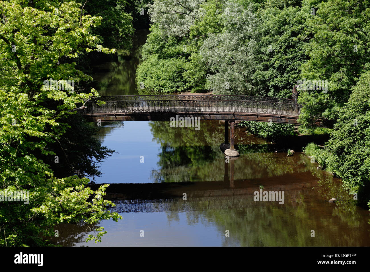 Glasgow Botanic Gardens, ponte pedonale sul fiume Kelvin nel parco pubblico nel West End di Glasgow, Scozia, Regno Unito Foto Stock