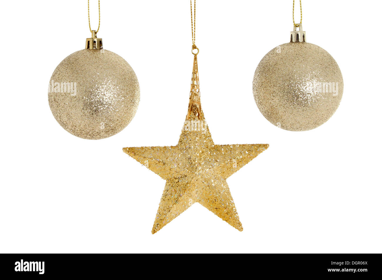 Oro stella di Natale e baubles isolata contro bianco Foto Stock