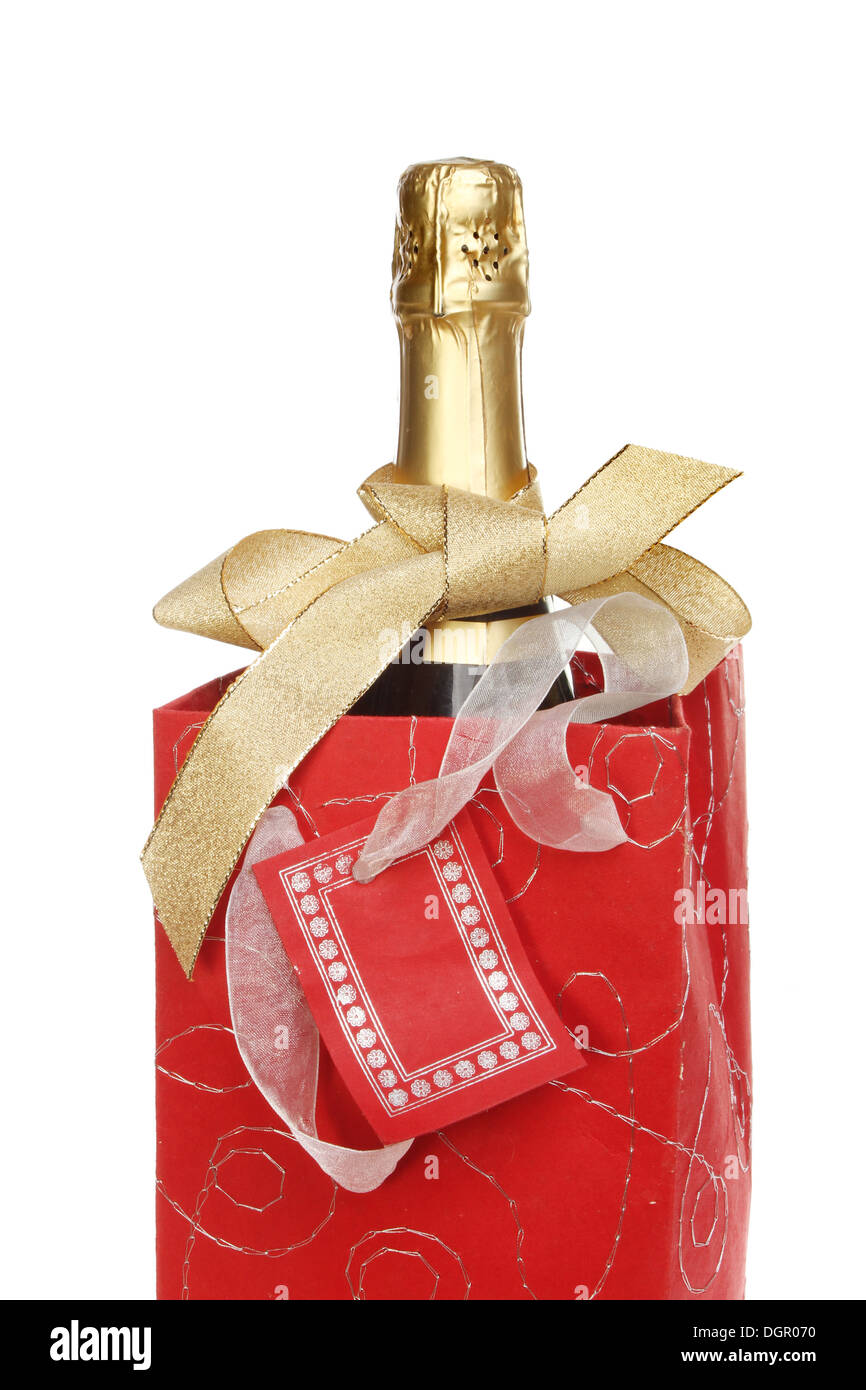 Bottiglia di Champagne in un decorativo borsa regalo legato con un gold bow isolata contro bianco Foto Stock