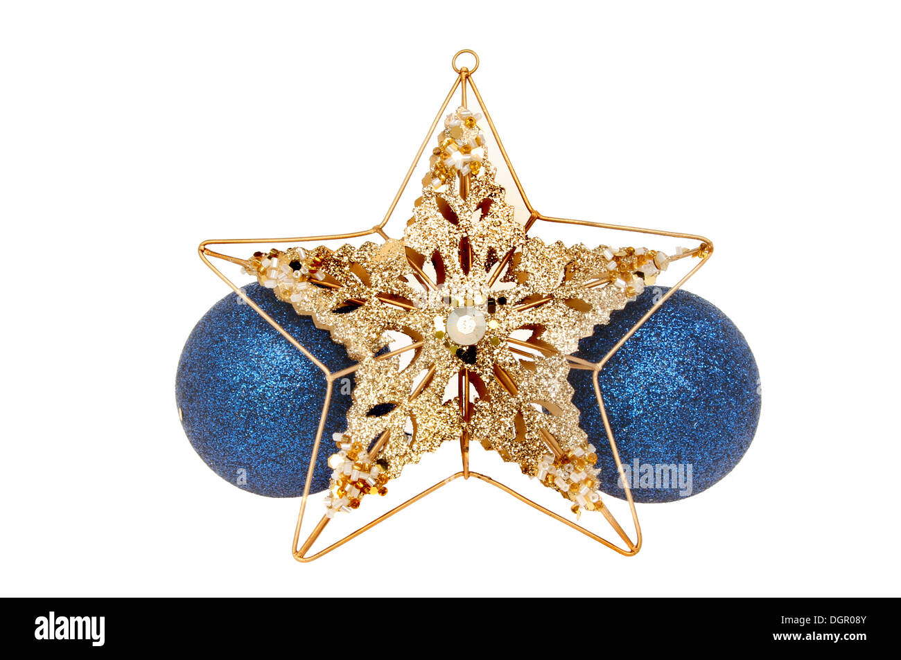 Decorazione di natale, oro, glitter e jeweled stella blu e baubles isolata contro bianco Foto Stock