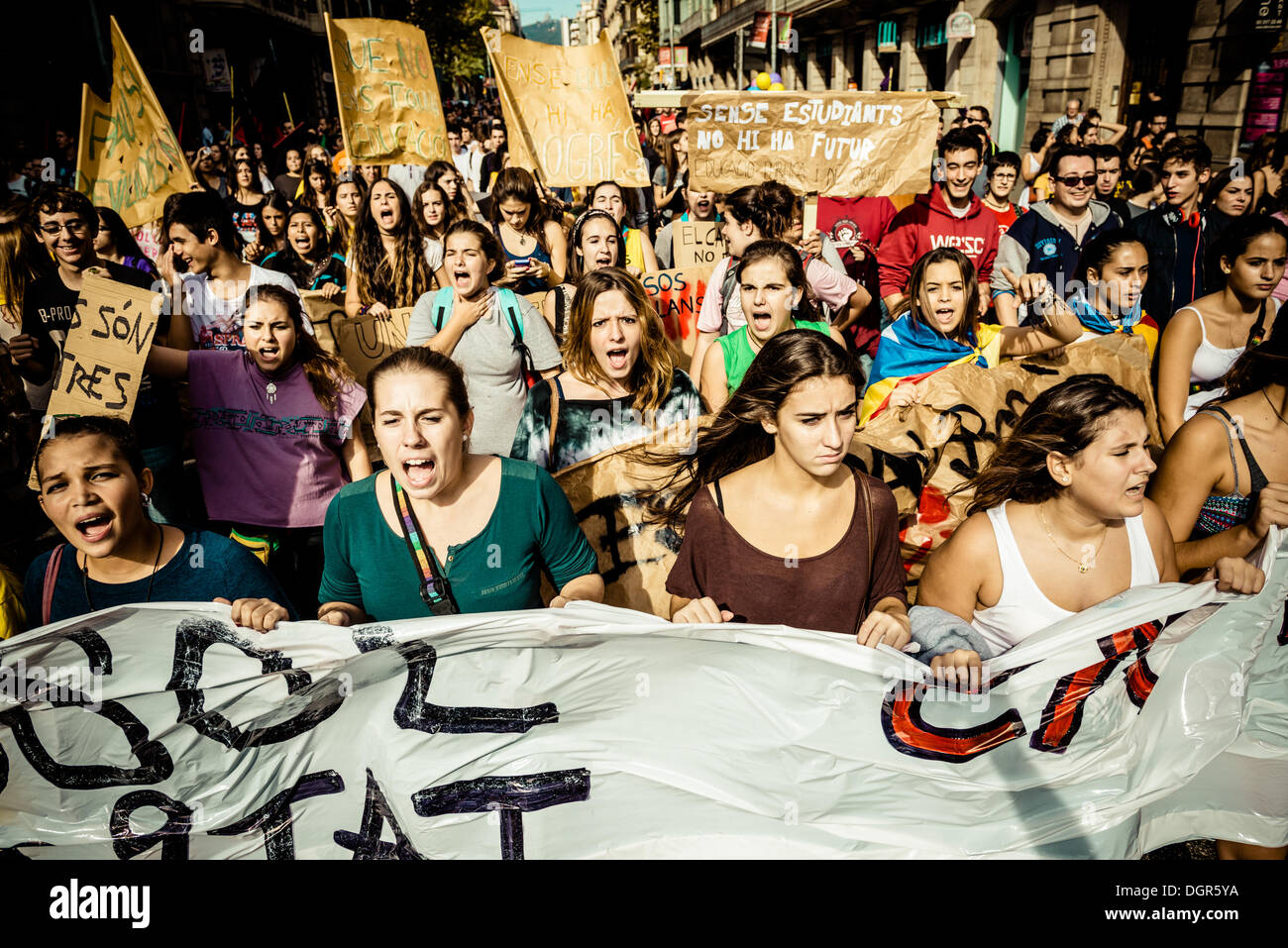 Barcellona, Spagna. Ottobre 24th, 2013: gli studenti che protestavano contro le misure di austerità e la 'legge Wert' durante tre giorni di istruzione lungo sciopero a Barcellona. © matthi/Alamy Live News Foto Stock