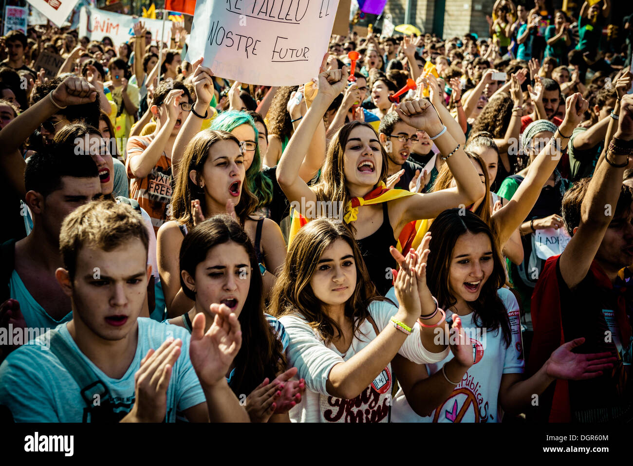 Barcellona, Spagna. Ottobre 24th, 2013: Gli Studenti gridare slogan per protestare contro le misure di austerità e la 'legge Wert' durante tre giorni di istruzione lungo sciopero a Barcellona. © matthi/Alamy Live News Foto Stock