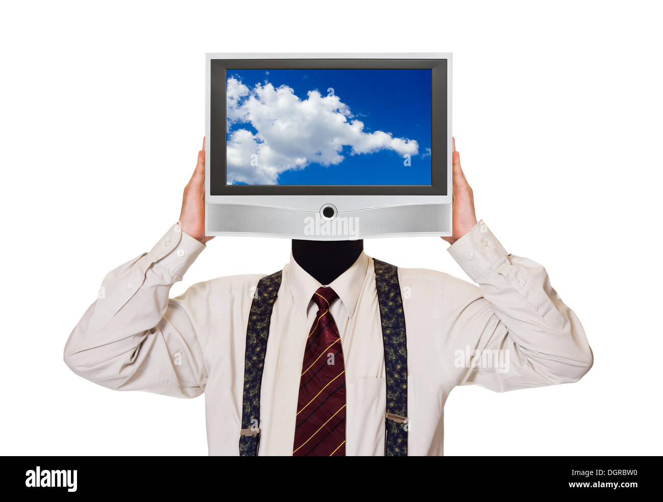 Uomo con sky tv schermo per la testa Foto Stock