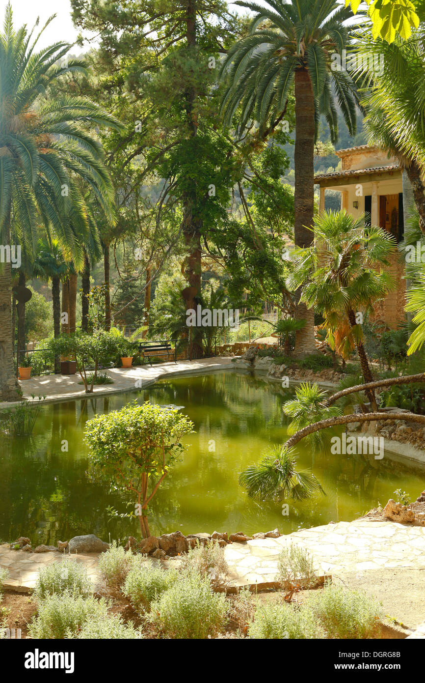 Jardines de Alfabia, giardini arabi con una storica villa ai piedi della Serra d'Alfàbia, Maiorca, Mallorca Foto Stock