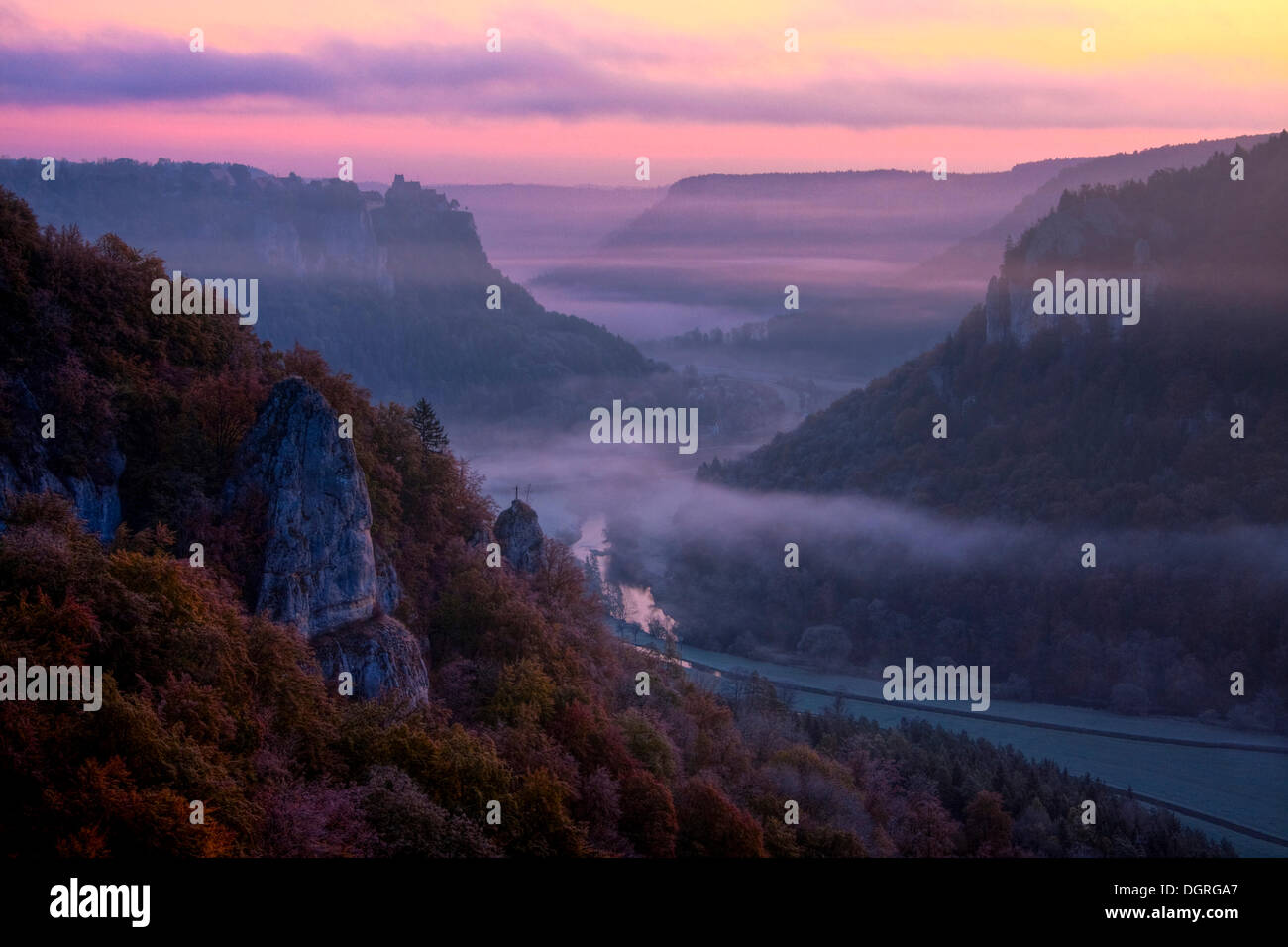 Sunrise umore in Alto Valle del Danubio, Sigmaringen distretto, Baden-Wuerttemberg Foto Stock