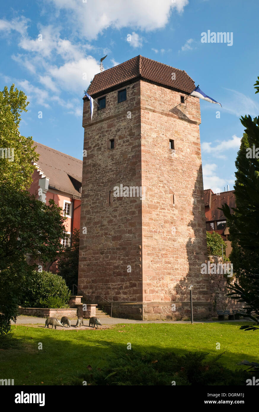 Pulverturm, Torre della Polvere, torre medievale, Eberbach offrono, Rhein-Neckar-Kreis distretto, Baden-Wuerttemberg Foto Stock