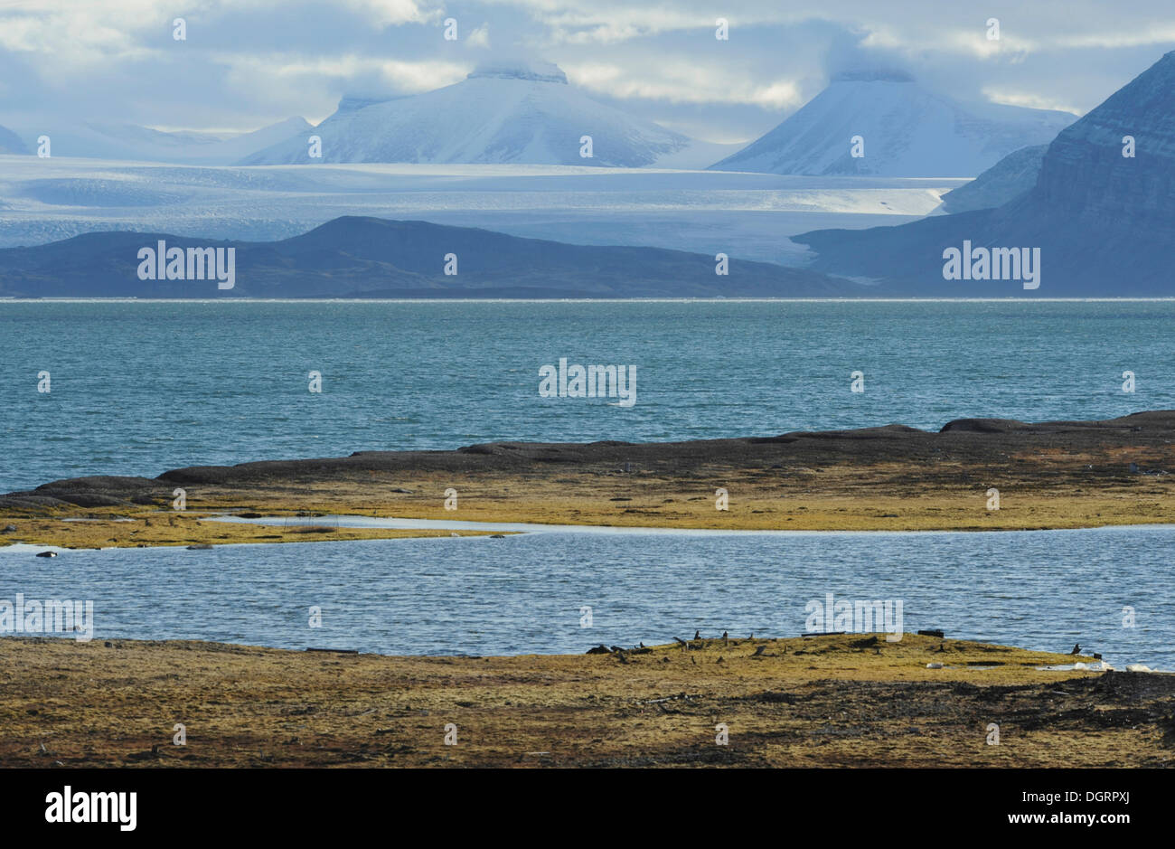 Kongsfjorden o Kongs fiordo, a Ny Ålesund, isola Spitsbergen, arcipelago delle Svalbard Isole Svalbard e Jan Mayen, Norvegia Foto Stock