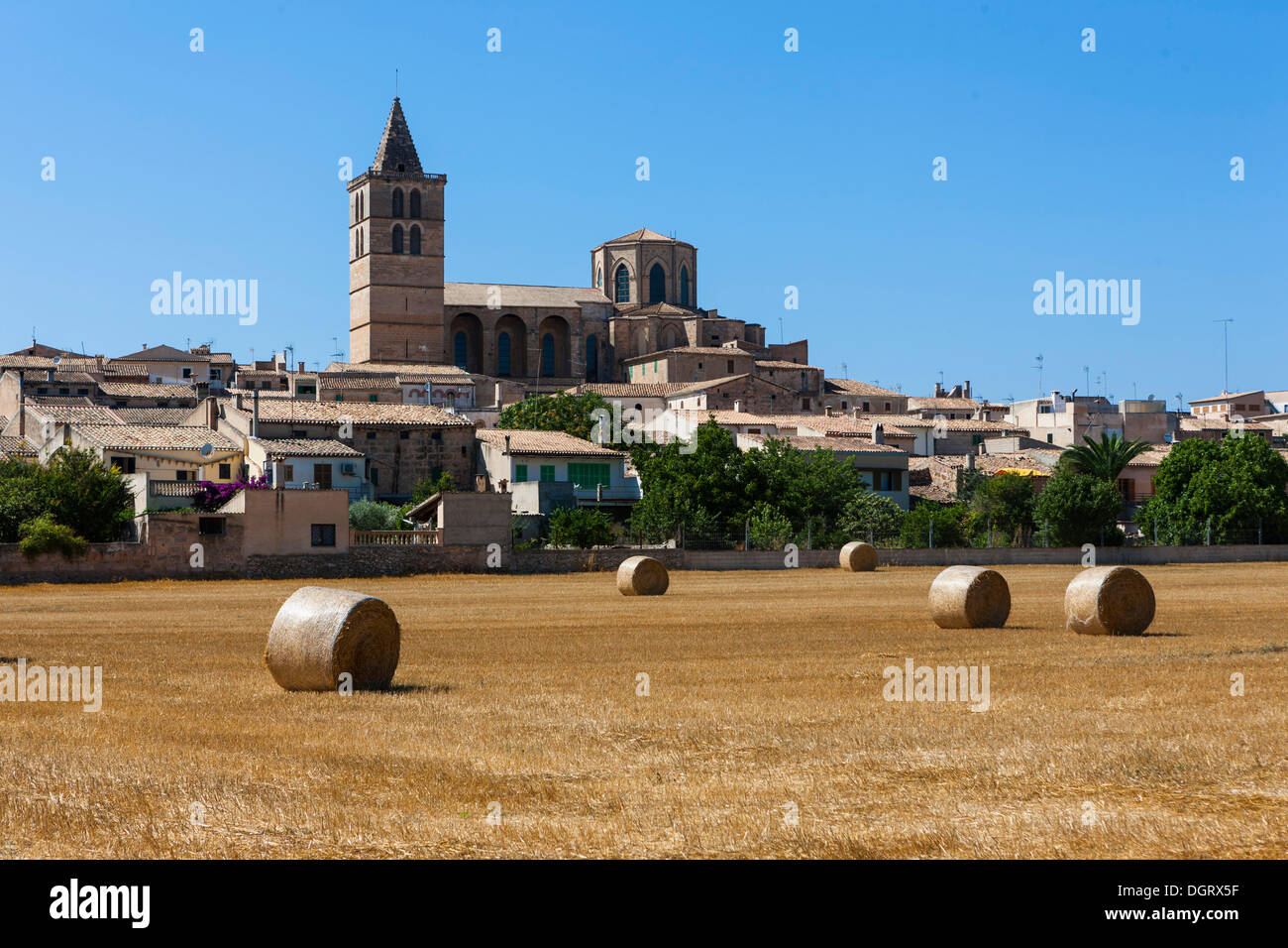 Vista di Sineu e il Mare de Deu dels Angeli Chiesa Parrocchiale, Sineu, Sineu, Maiorca, isole Baleari, Spagna Foto Stock