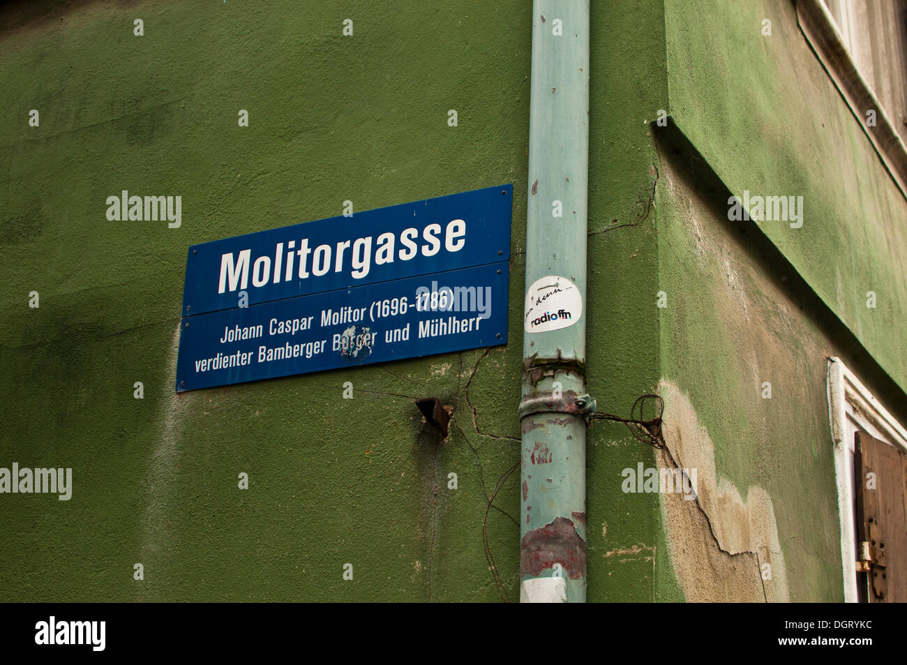 Strada segno Molitorgasse, Bamberg, Alta Franconia, Bavaria Foto Stock
