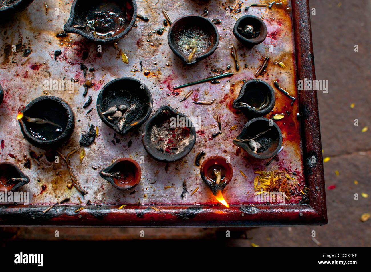 Lampade a olio in un tempio indiano Foto Stock