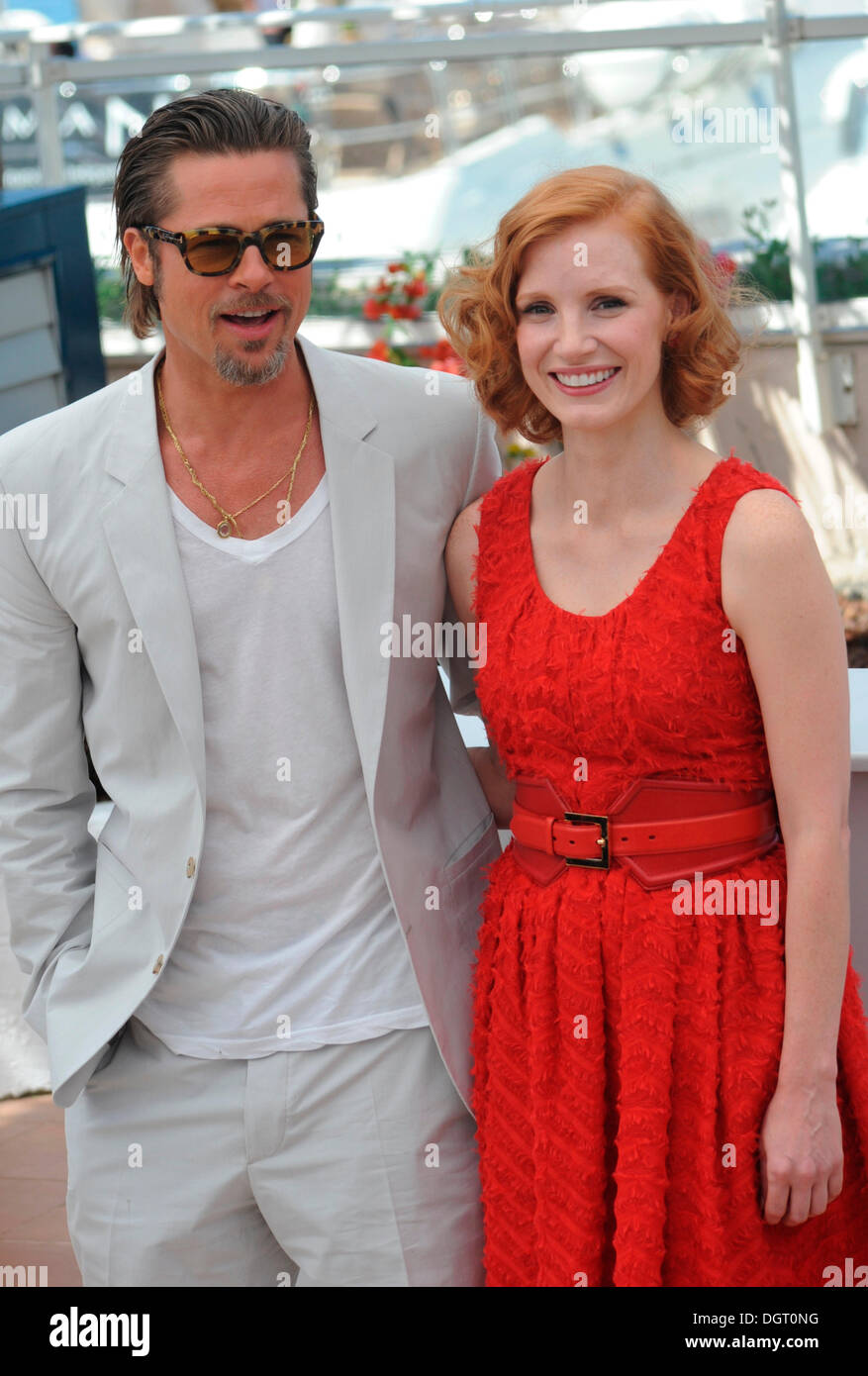 Brad Pitt e Jessica Chastain a photocall per "l'albero della vita", 64th International Film Festival di Cannes, 2011, Cannes Foto Stock