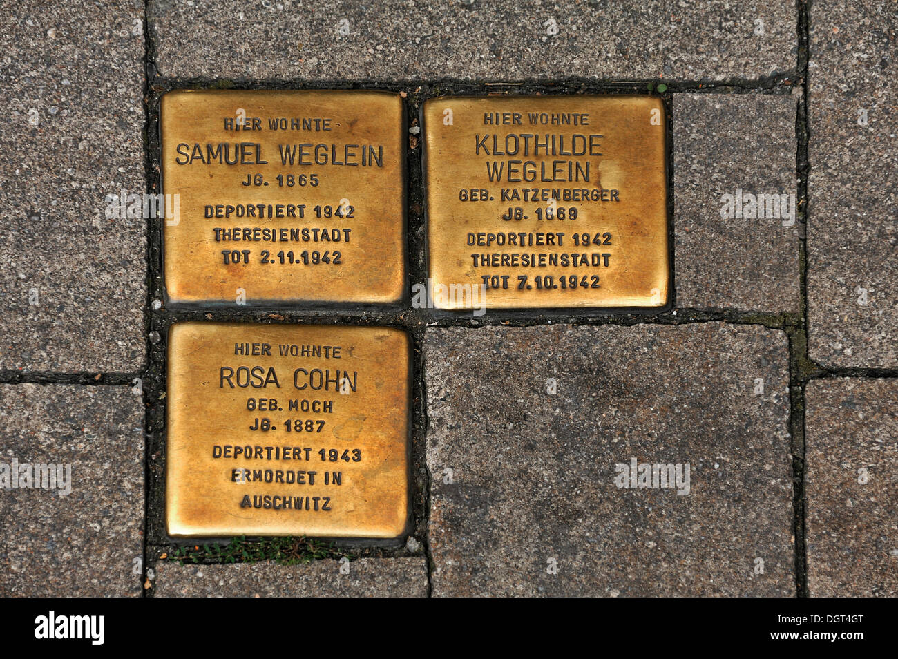 Ostacoli, cippi per deportati e uccisi gli ebrei nel Terzo Reich, 1942-1943, la strada principale di Erlangen Foto Stock