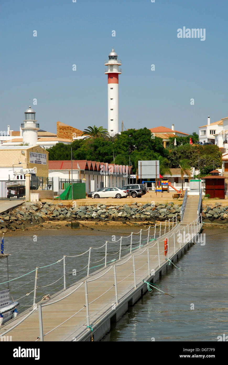 Faro al Rio Piedras river, El Rompido, Cartaya, Costa de la Luz, regione di Huelva, Andalusia, Spagna, Europa Foto Stock