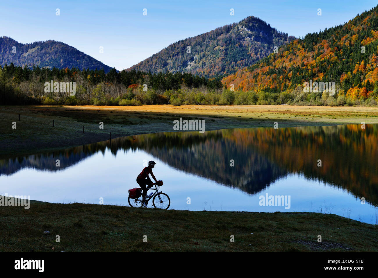 Ciclista al Lago Mittersee, Seegatterl, Reit im Winkl, regione Chiemgau, Alta Baviera, Baviera Foto Stock