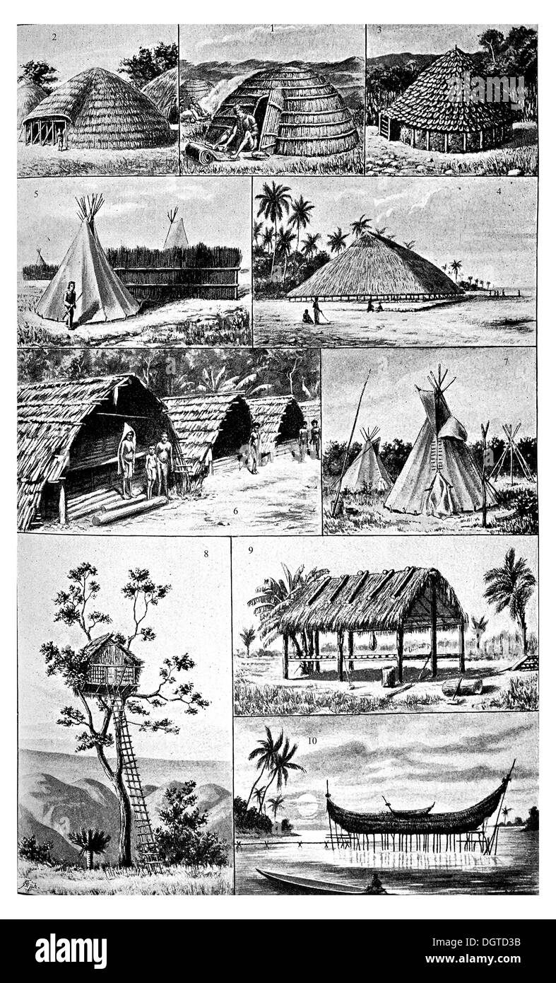 Abitazioni di popoli primitivi I, 1 capanna Kaffir, 2 Waganda capanna, 3 Momfu capanna, Africa, 4 Casa di Utiroa, Isole Gilbert, 5 Foto Stock