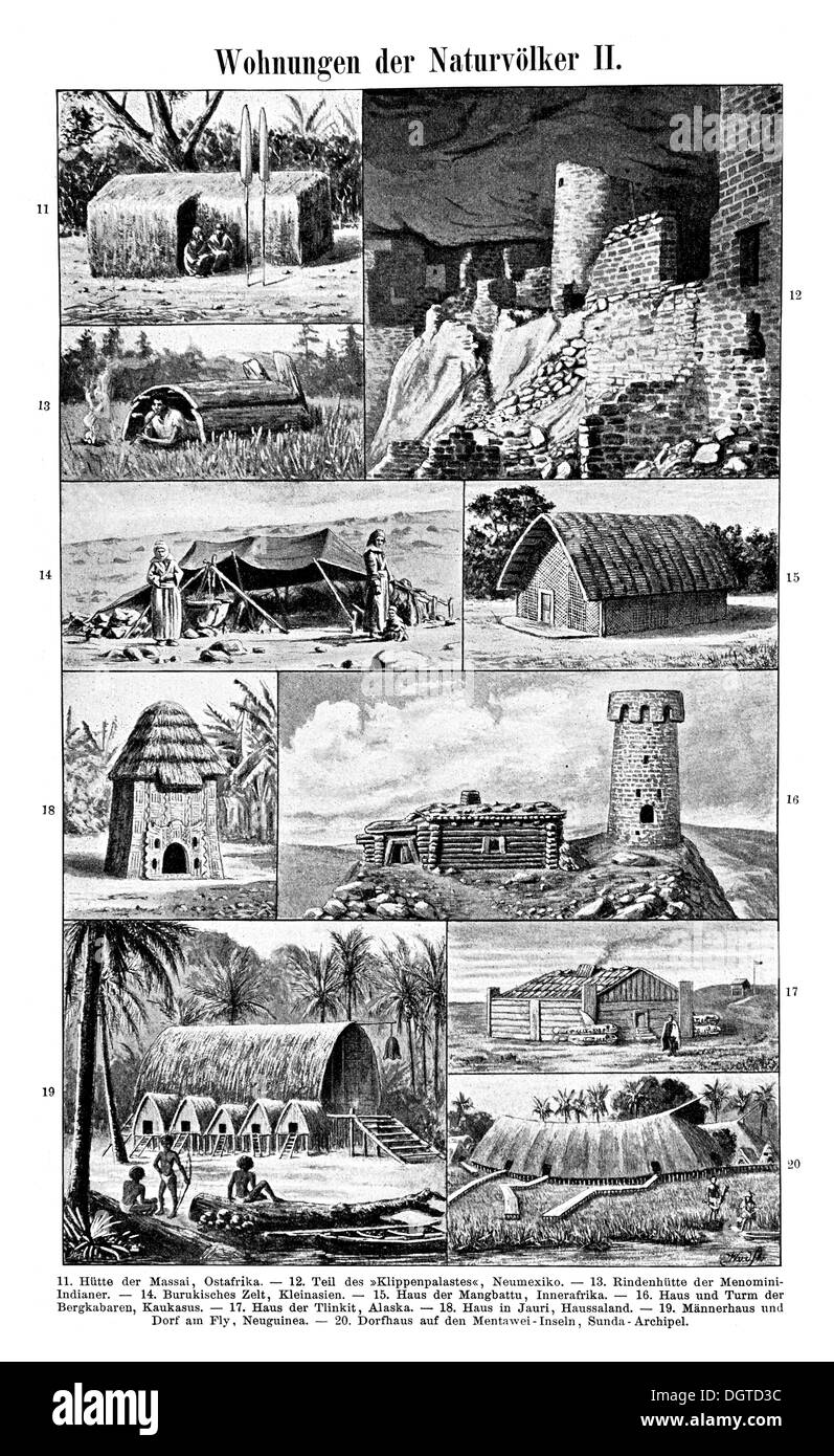 Abitazioni di popoli primitivi II, illustrazione, Meyers Konversations-Lexikon enciclopedia, 1897 Foto Stock