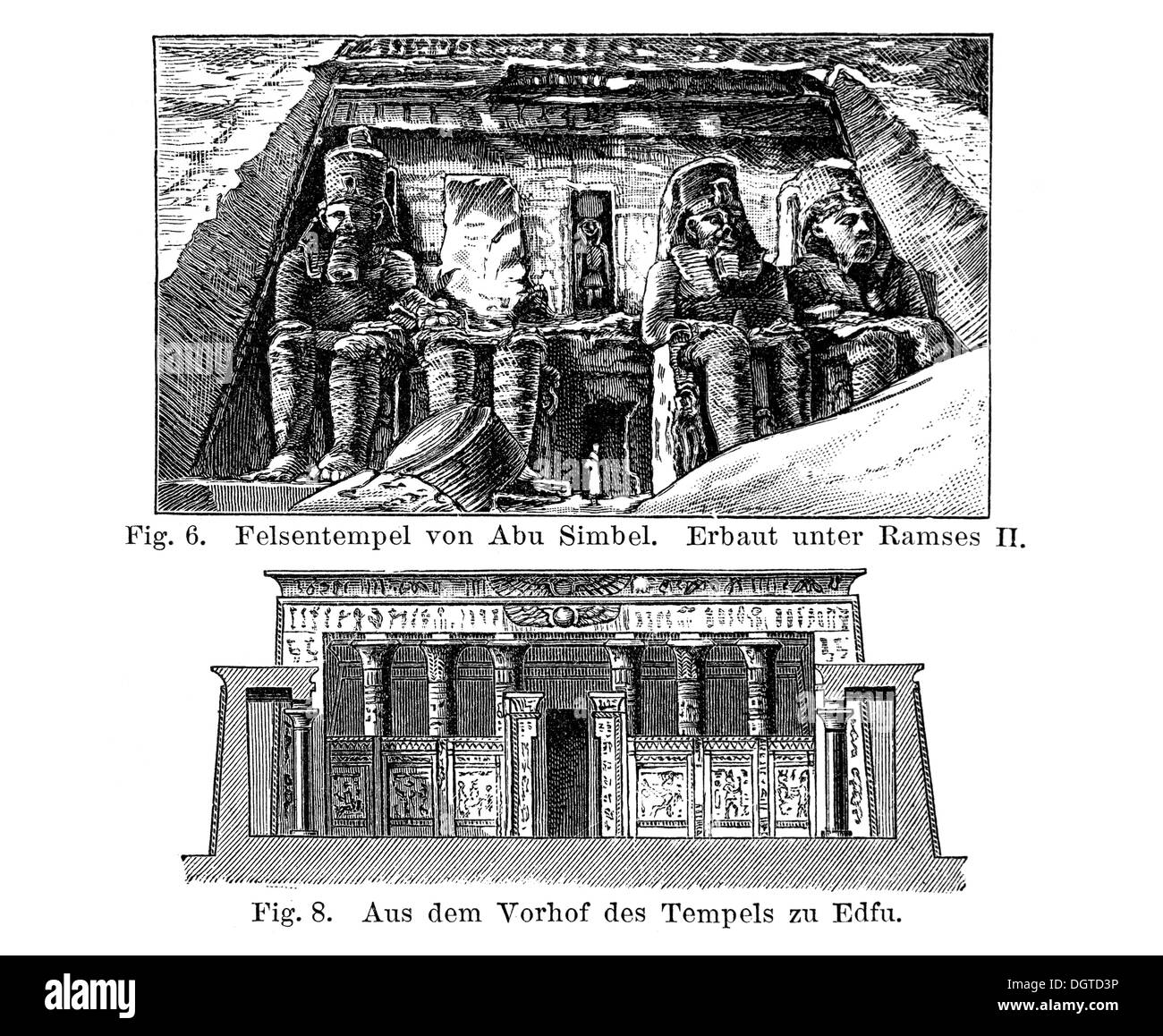 Templi egizi, Rock tempio di Abu Simbel, dal cortile del Tempio di Edfu, illustrazione, Meyers Foto Stock