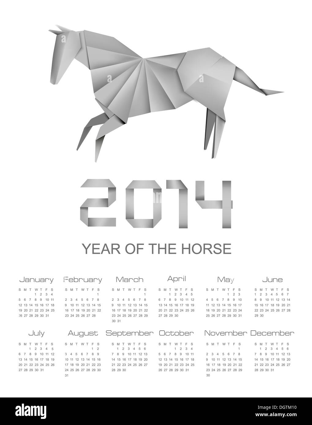 Calendario per l'anno 2014. Origami cavallo. Illustrazione Vettoriale. Foto Stock
