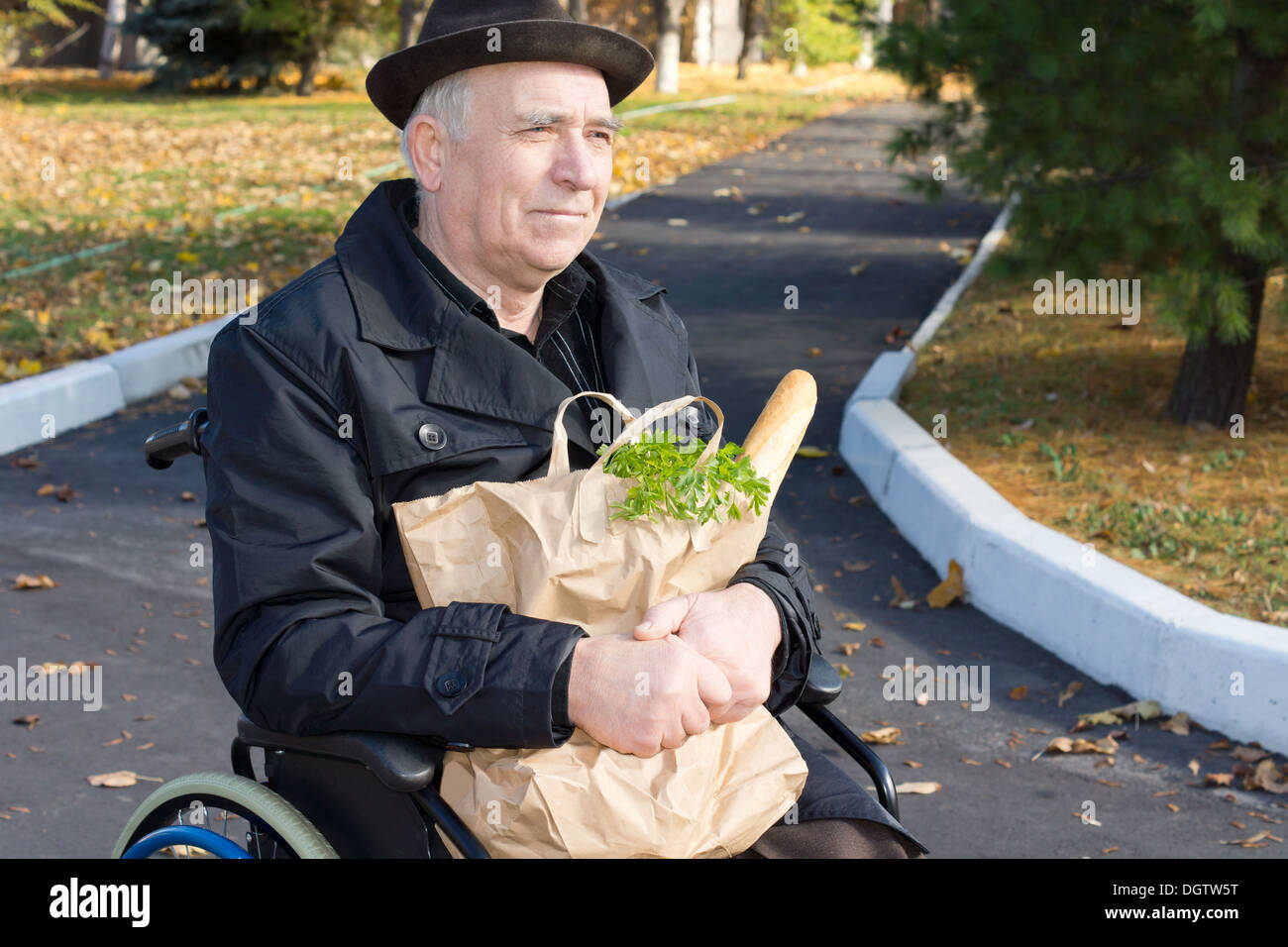 Sorridente anziano gentiluomo seduto in una sedia a rotelle in strada con la sua carta marrone sacchetto di generi alimentari innestati nelle sue braccia Foto Stock