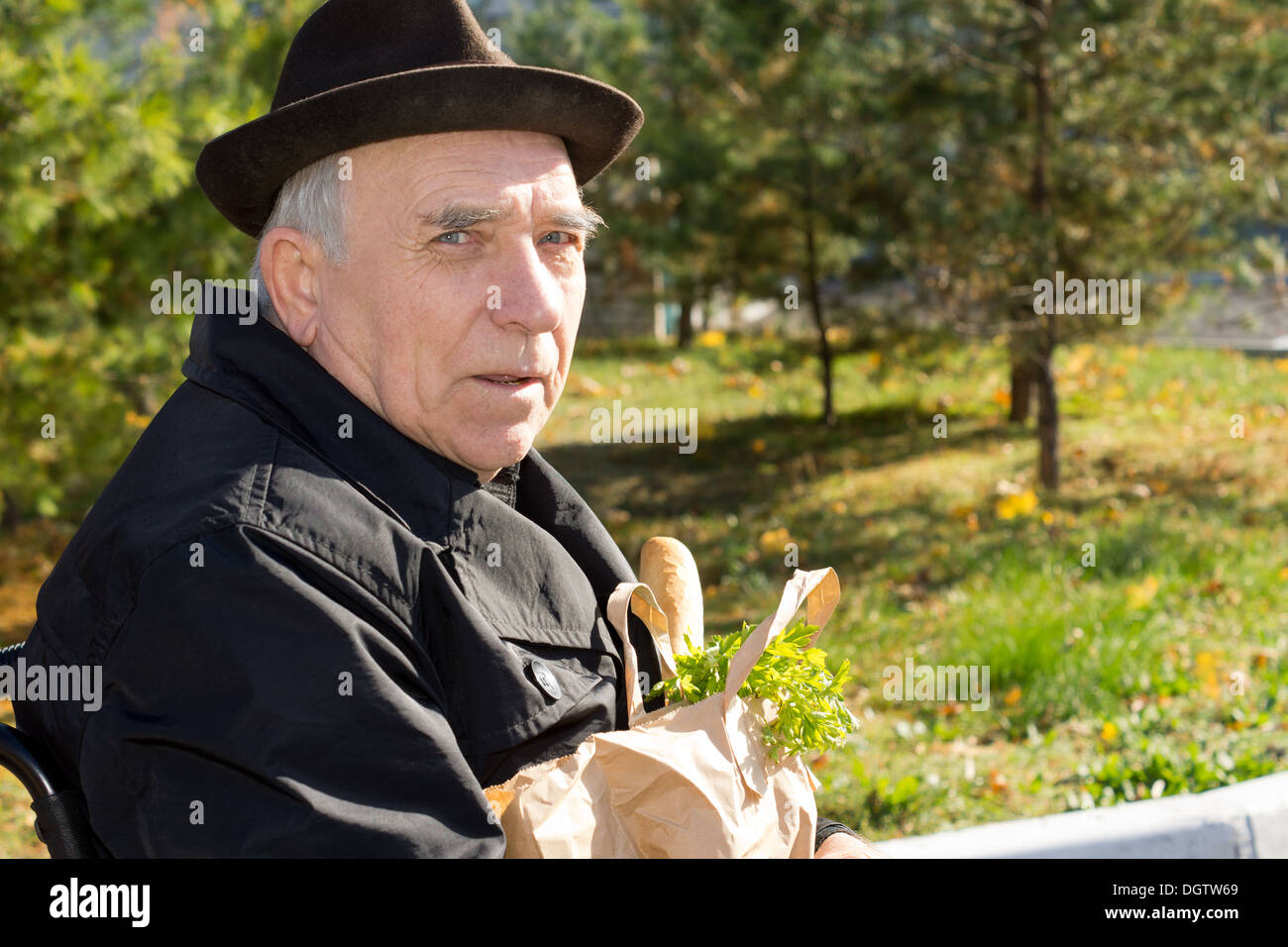 Anziano gentiluomo in una sedia a rotelle con i suoi negozi di generi alimentari in una carta marrone pacchetto sul suo giro come egli ritorna dai negozi, close up ritratto. Foto Stock