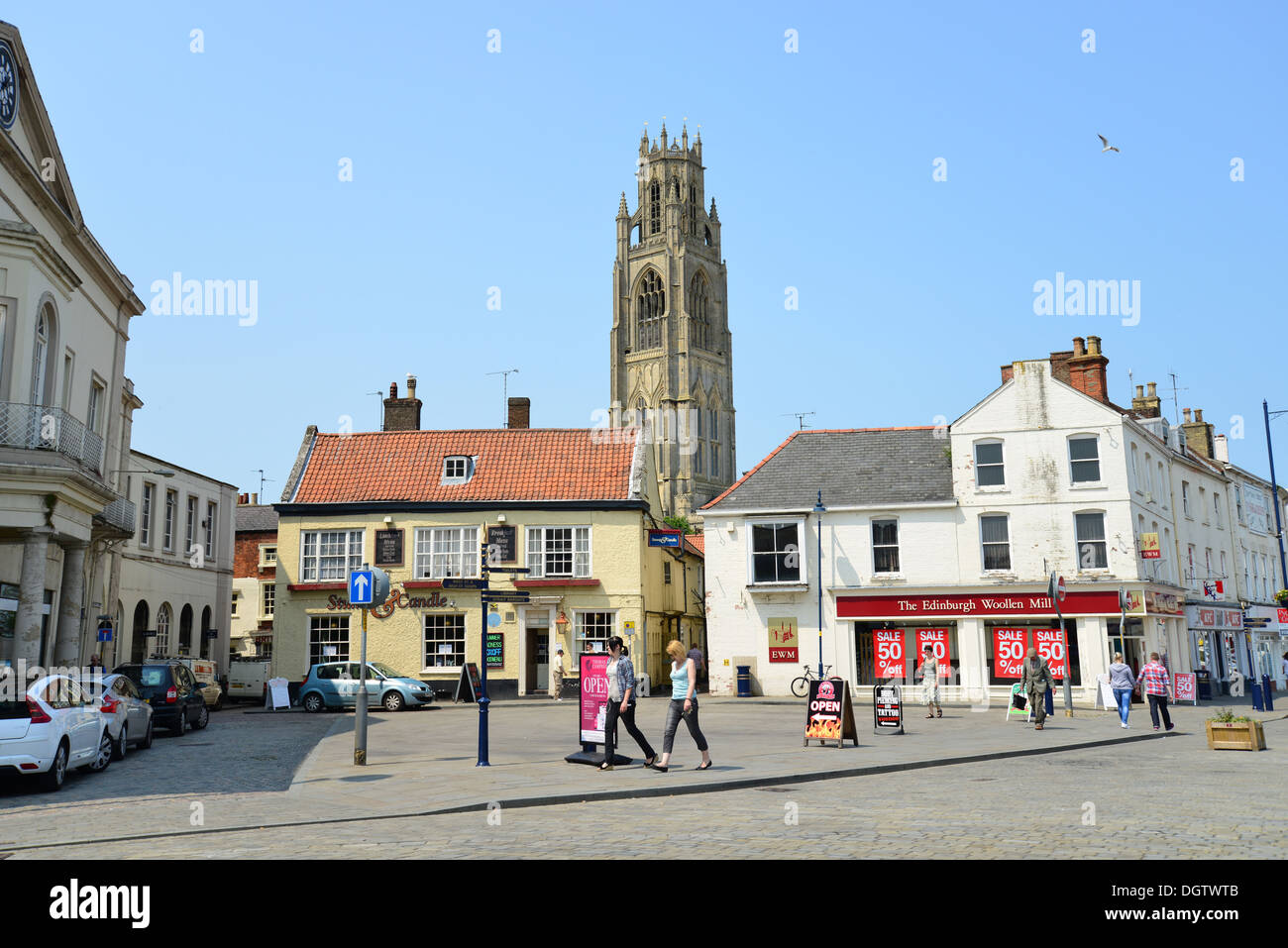 Luogo di mercato mostra St Botolph's Chiesa (il moncone), Church Street, Boston, Lincolnshire, England, Regno Unito Foto Stock