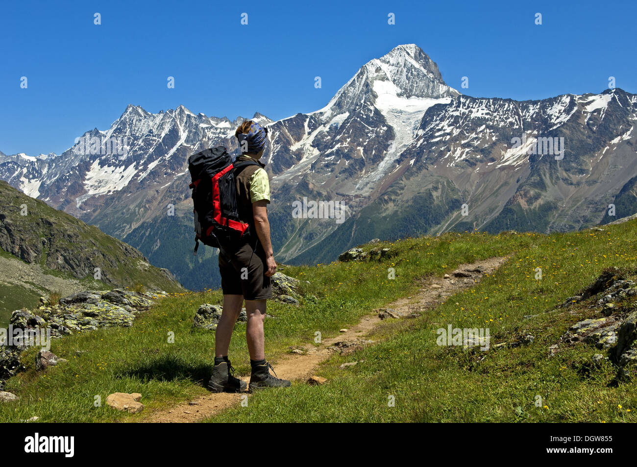 Escursionista su una escursione nella valle Loetschental Foto Stock