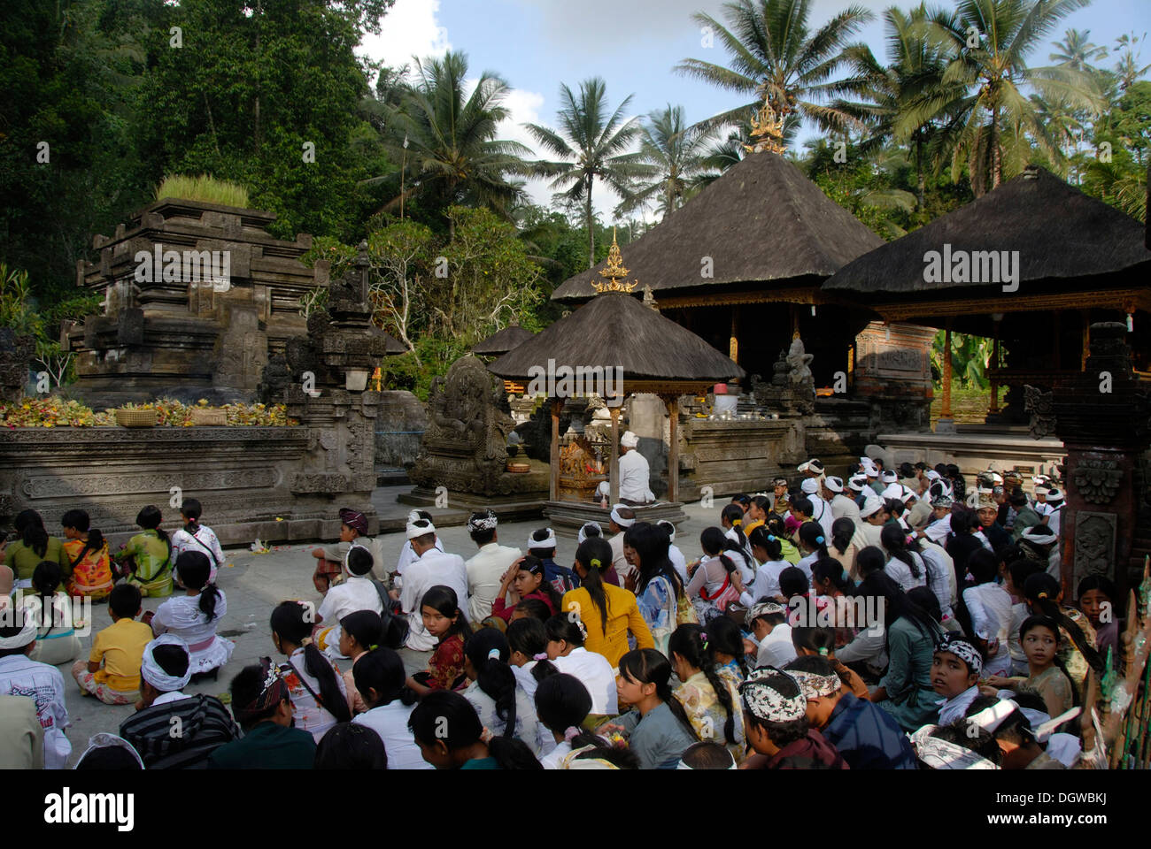 L Induismo di Bali, credenti riuniti in preghiera cerimonia con bramino sacerdote, santuario con sacra primavera, Pura Tirta Empul Temple Foto Stock