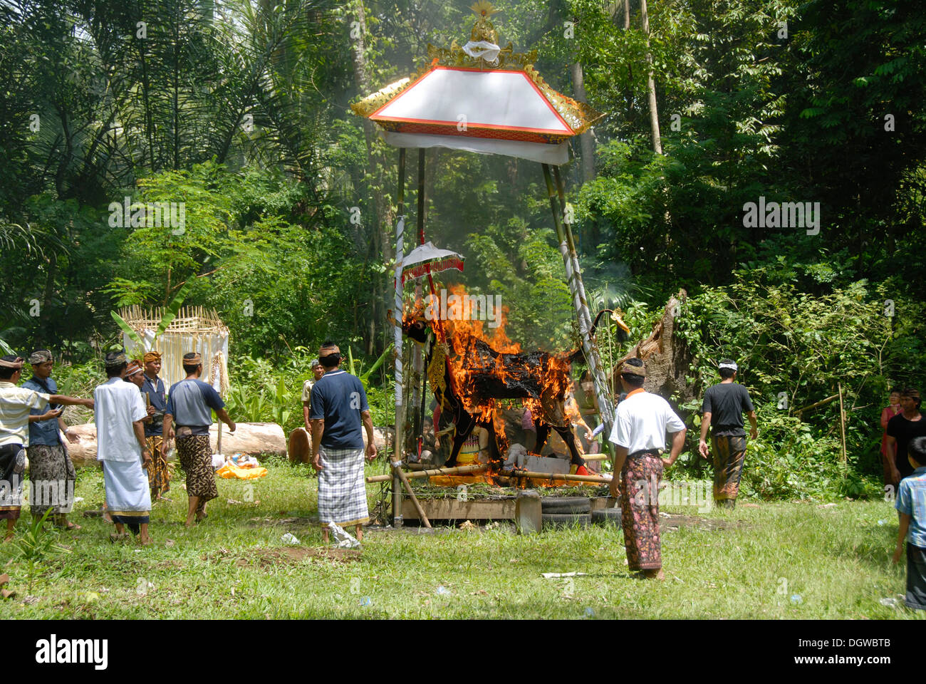 L Induismo di Bali, cerimonia funebre, la cremazione del corpo in una mucca-santuario sagomato, Bongkasa nei pressi di Ubud, Bali, Indonesia, sud-est asiatico Foto Stock