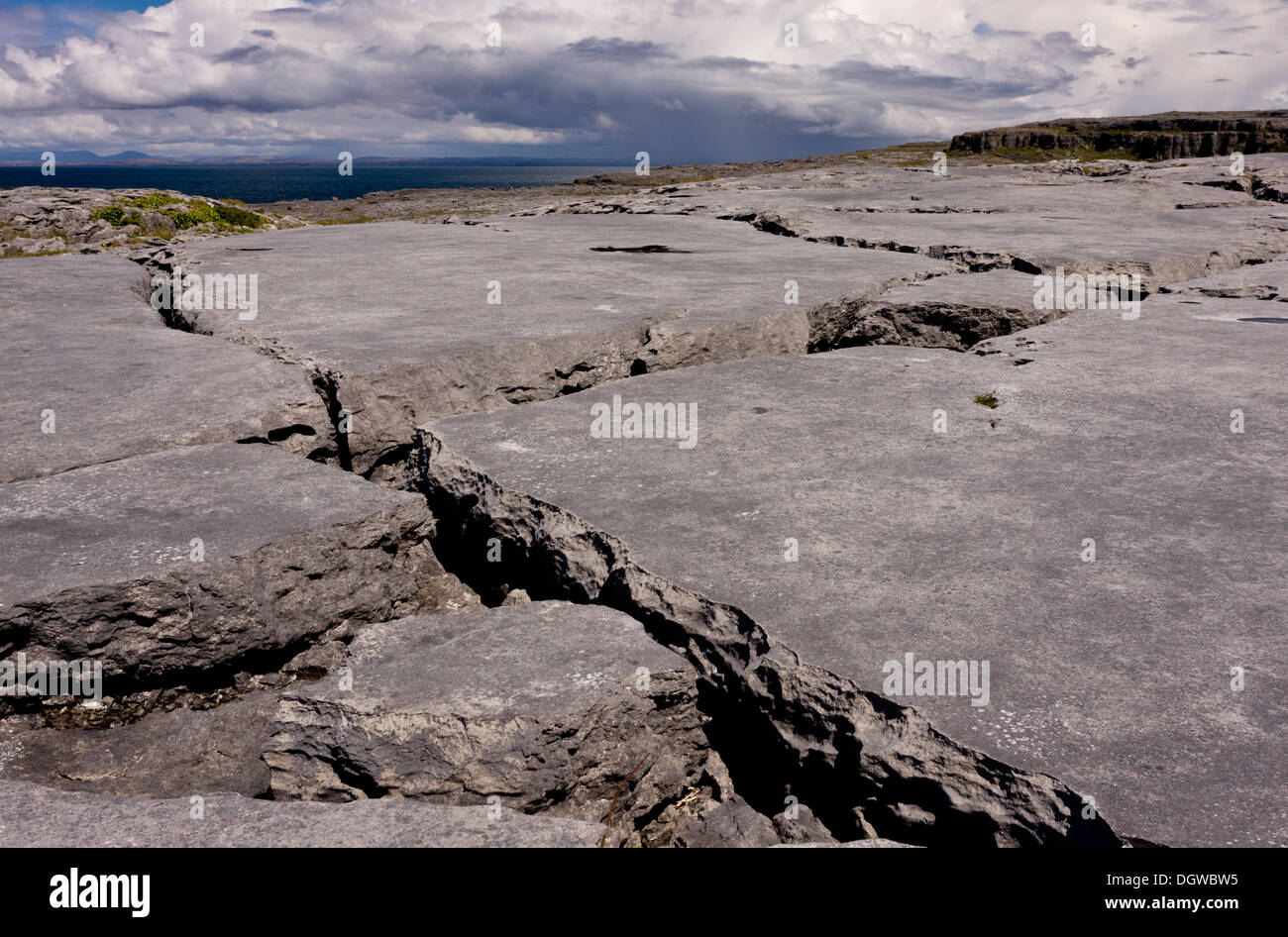 Spettacolare costiera ghiacciate pavimentazione di pietra calcarea a Poulsallagh, Co. Clare, Burren, Irlanda Foto Stock