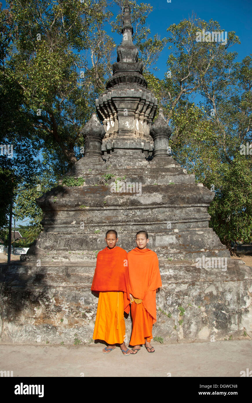 Due monaci in arancione vesti davanti a uno stupa, novizi, Iva Aham, Wat, Luang Prabang provincia, Laos, Asia sud-orientale, Asia Foto Stock