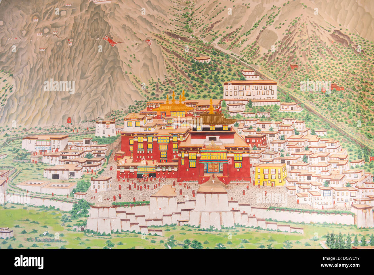 Buddismo tibetano, principale del monastero del Karma Kagyu lineage, Tsurphu in Tibet, murale all'ingresso del monastero di Rumtek Foto Stock