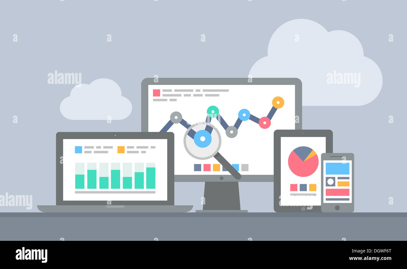 Design piatto illustrazione concetto di sito web analytics e di elaborazione di analisi di dati usando la moderna elettronica e dispositivi mobili Foto Stock