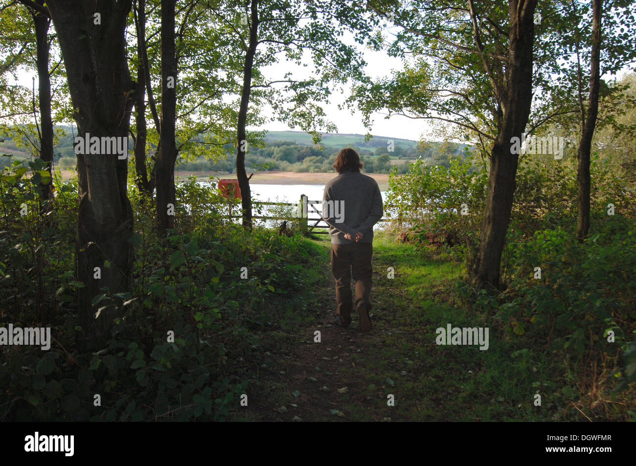 Un adolescente di sesso maschile a piedi lungo un sentiero di bosco. Foto Stock