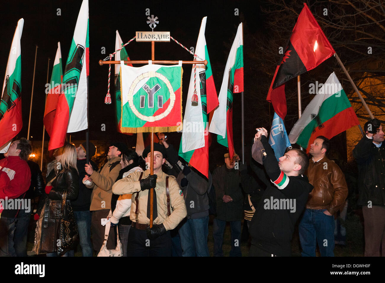 Rally notturno del partito di destra "nazionale bulgara per unione", Sofia, Bulgaria, Europa Foto Stock