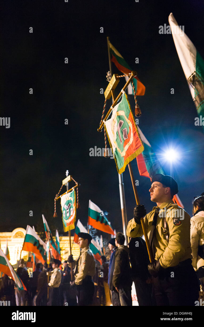 Rally notturno del partito di destra "nazionale bulgara per unione", Sofia, Bulgaria, Europa Foto Stock