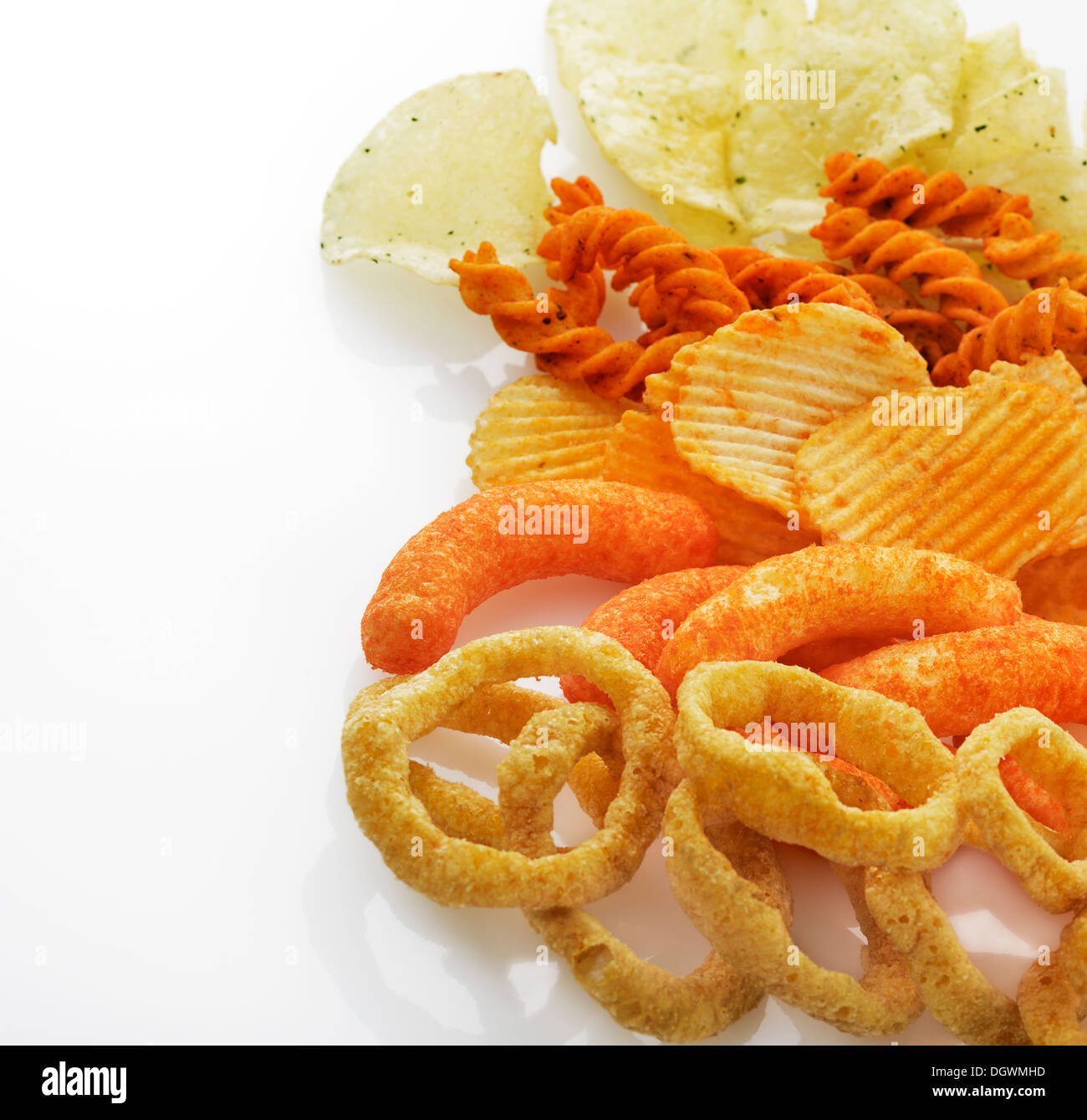 Anelli di cipolla,Chips,formaggio bastoni per snack Foto Stock