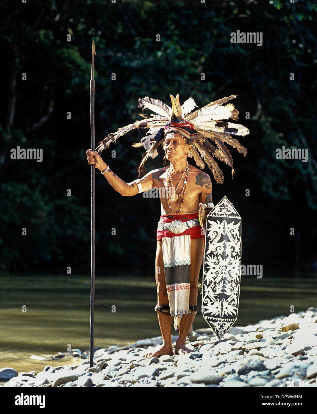 Il cacciatore di testa del gruppo etnico di Iban persone con una lancia, Skrang River, Rajang, Sarawak, Borneo, Malaysia Foto Stock