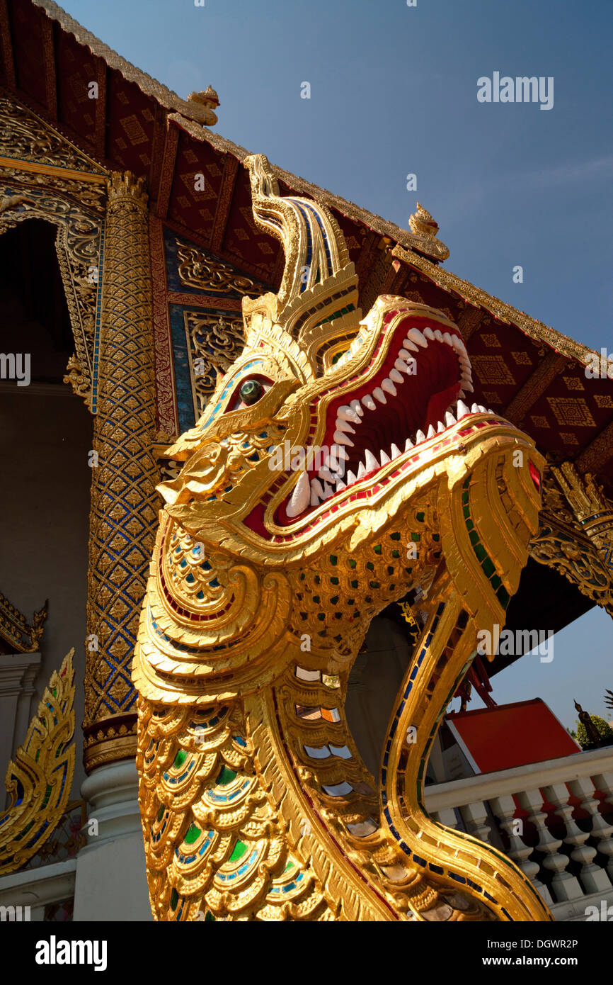 Naga figura all' ingresso del Viharn Luang, Wat Phra Singh, Chiang Mai, Thailandia del Nord della Thailandia, Asia Foto Stock