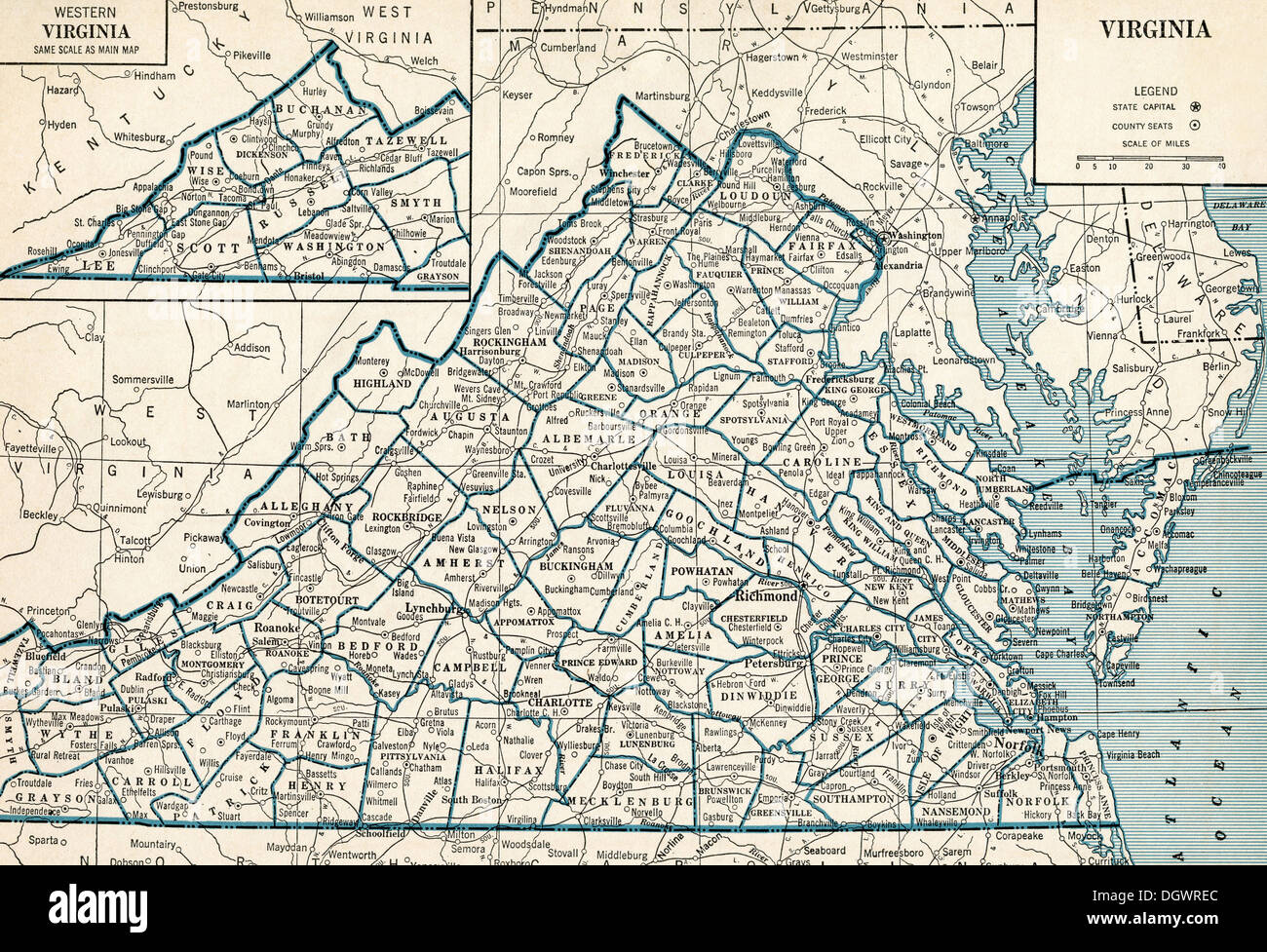 Mappa vecchia di Virginia, 1930 Foto Stock