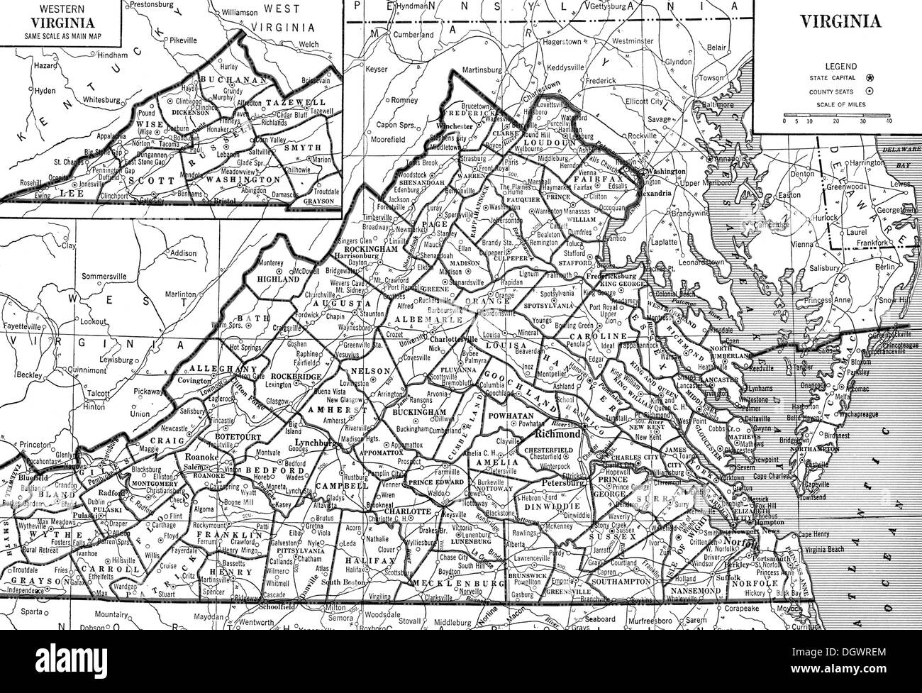 Mappa vecchia di Virginia, 1930 Foto Stock