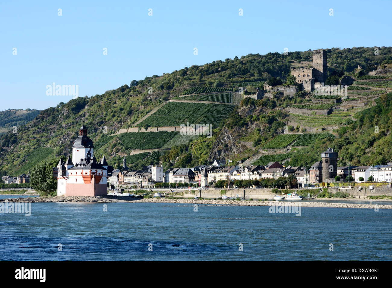 Il castello Pfalzgrafenstein su un isola nel fiume Reno a Kaub, Germania Foto Stock