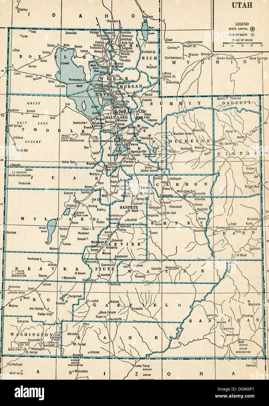 Mappa vecchia dello Utah, 1930 Foto Stock