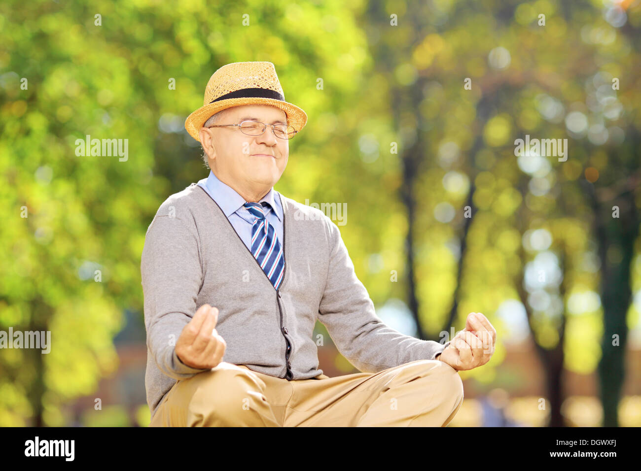 Senior gentleman meditando seduto su un prato in un parco Foto Stock